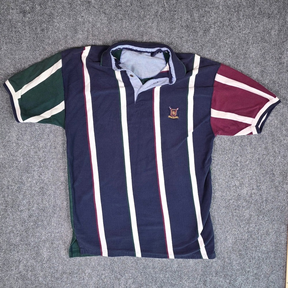 Vintage Striped Color Block Rugby Polo Shirt Navy Burgundy Green 90s Preppy